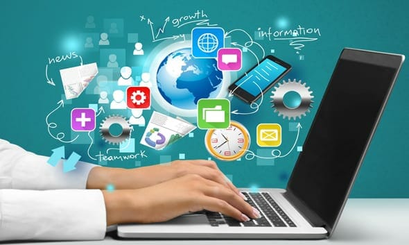 La imagen muestra unas manos tecleando un portátil y muchos iconos sobreimpresos indicando actuar en modo multitarea