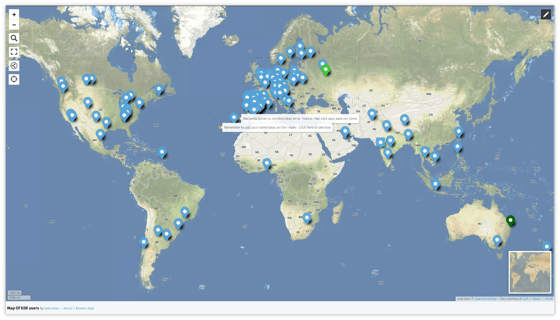 Map of KDE users with uMap and OSM